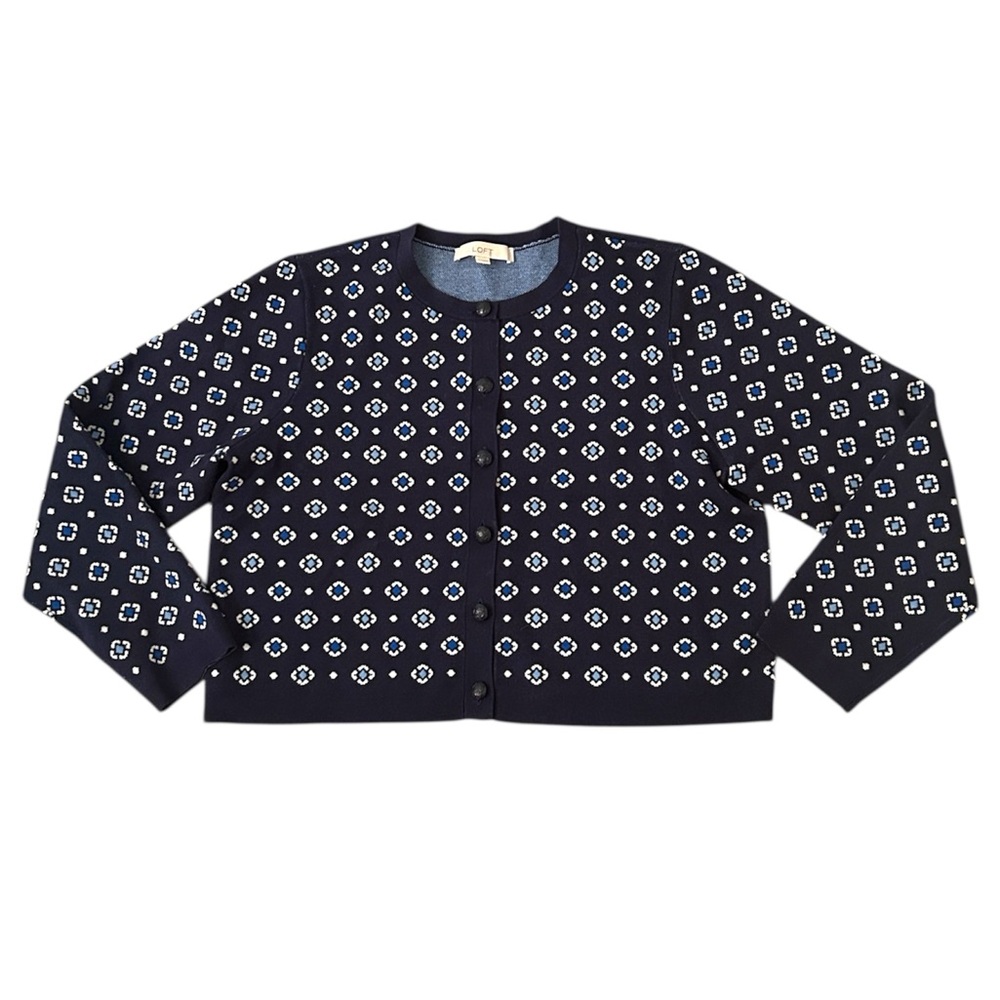 LOFT Floral Blue Jacquard Sweater Button Front Ribbed Trim Cardigan Size XL